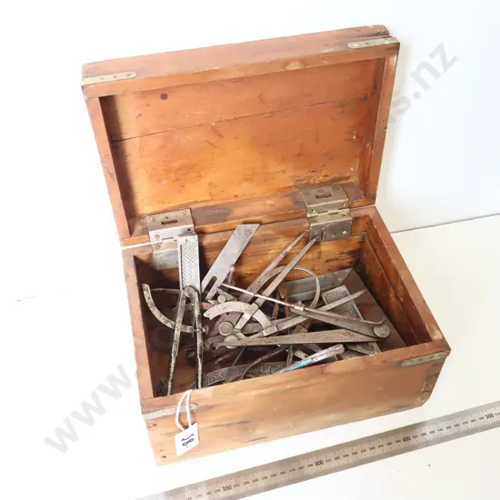 Wooden Box of Assorted Drawing and Measuring Instruments
