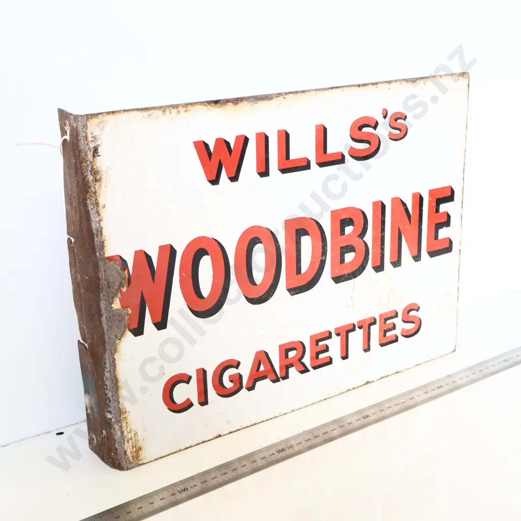 Wills Woodbine Cigarettes Enamel Double Sided Flanged Sign Image 1++
