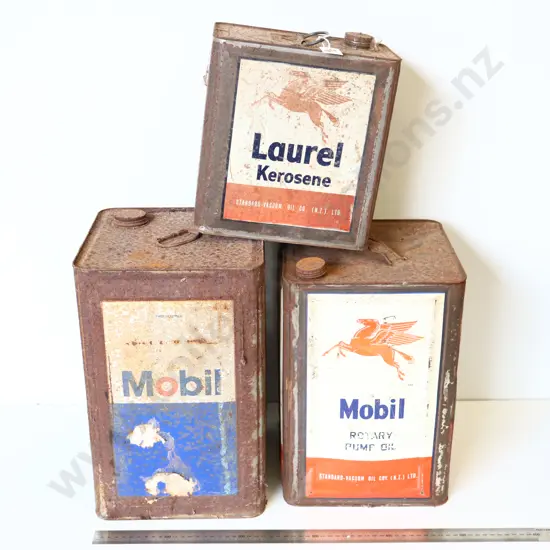 Assorted Vintage Oil & Kerosene Tins – Mobil, Laurel