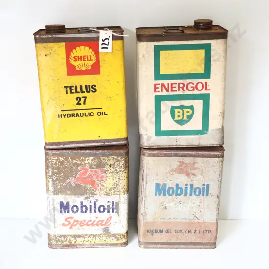 Collection of Vintage Oil Tins (Shell, BP, Mobiloil)