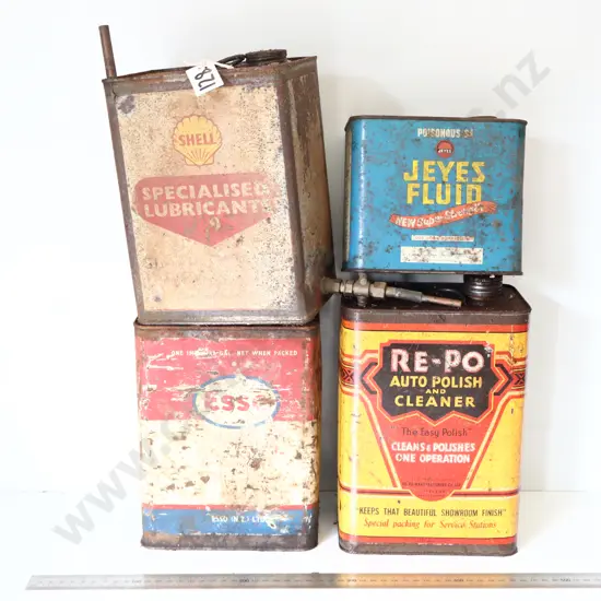 Collection of Vintage Oil & Automotive Tins (Shell, Esso, Jeyes, Re-Po)