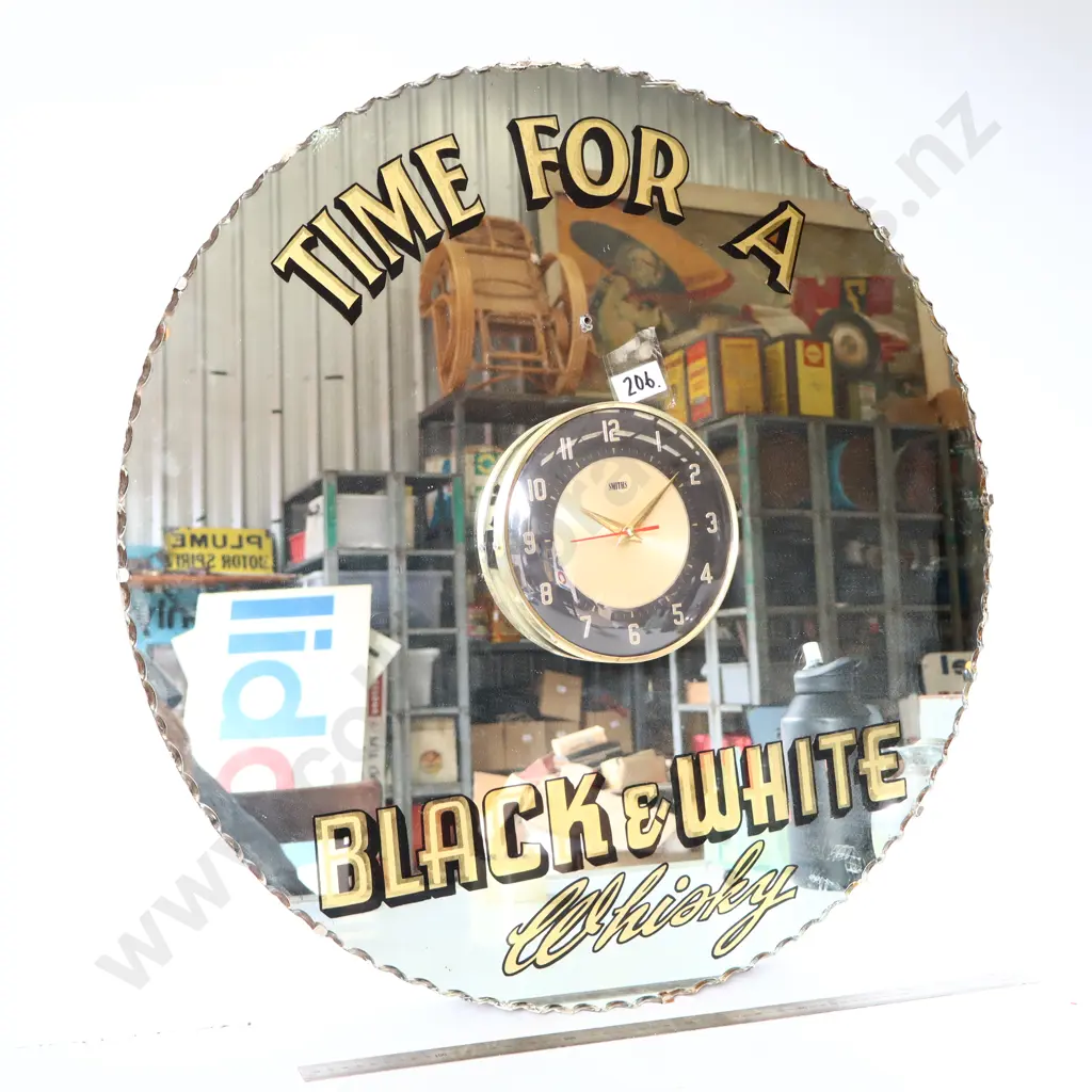 Black & White Whisky Advertising Mirror with Smiths Clock Image 1++