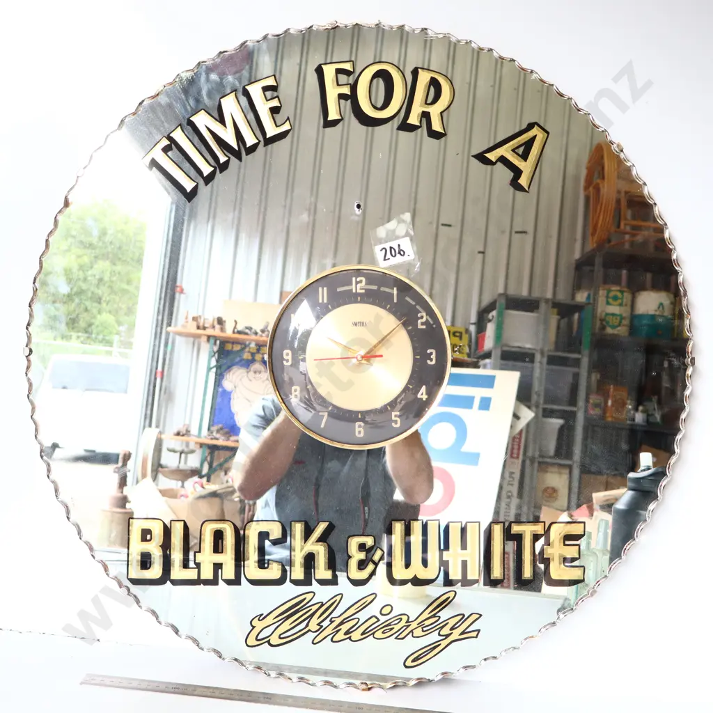 Black & White Whisky Advertising Mirror with Smiths Clock Image 1++
