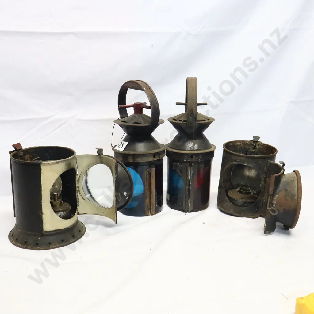 Pair of Vintage Railway Lamps With Red And Blue Glass Inserts Image 1++