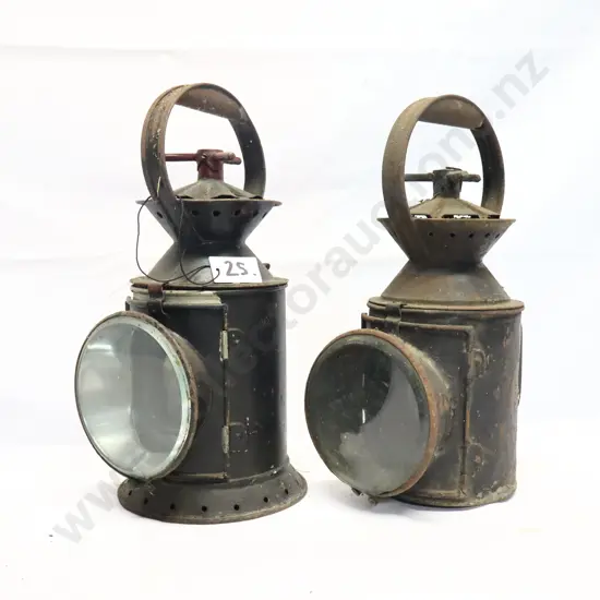Pair of Vintage Railway Lamps With Red And Blue Glass Inserts