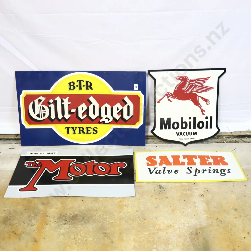 4 x Handpainted Signs by Ray Bovey. Gilt Edges, Mobil Oil, The Motor and Salter. Image 1++