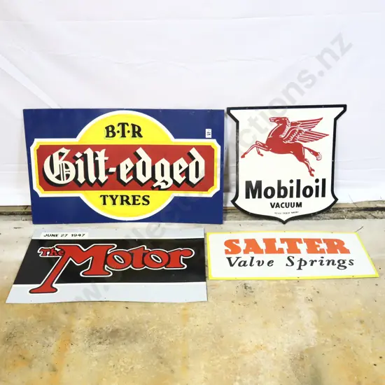 4 x Handpainted Signs by Ray Bovey. Gilt Edges, Mobil Oil, The Motor and Salter.