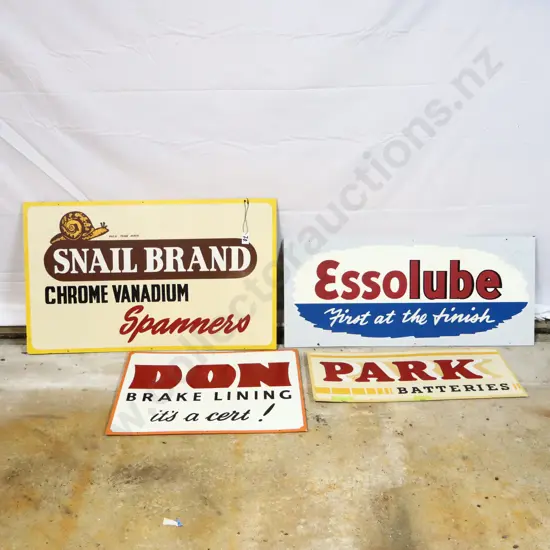 4 x Handpainted Signs by Ray Bovey. Snail Brand, Essolube, Don and Park.