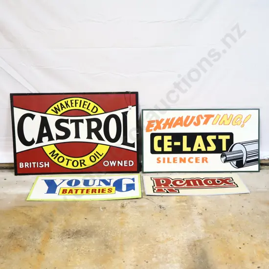 4 x Handpainted Signs by Ray Bovey. Castrol, CE Last, Young and Remax.