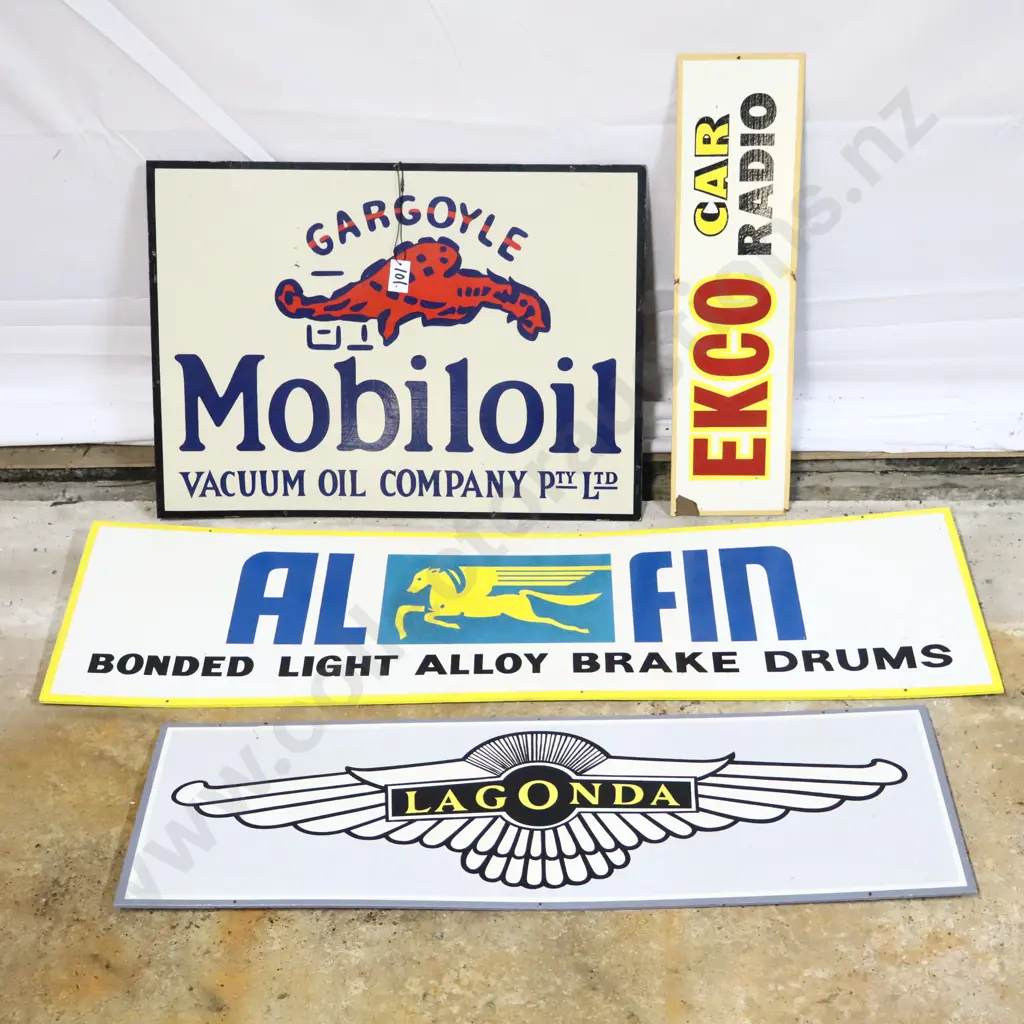 4 x Handpainted Signs by Ray Bovey. Gargoyle Mobiloil, Ekco Car Radio, Alfin Brake Drums and Lagonda. Image 1++