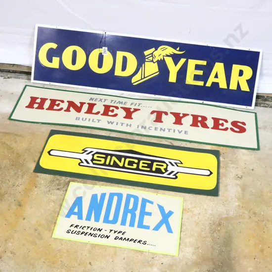 4 x Handpainted Signs by Ray Bovey. Goodyear, Henley Tyres, Singer and Andrex.