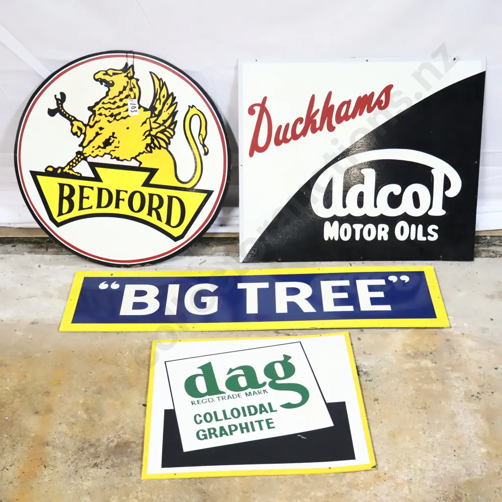 4 x Handpainted Signs by Ray Bovey. Bedford, Duckhams Adcol Motor Oils, “Big Tree” and Dag Colloidal Graphite. Image 1++