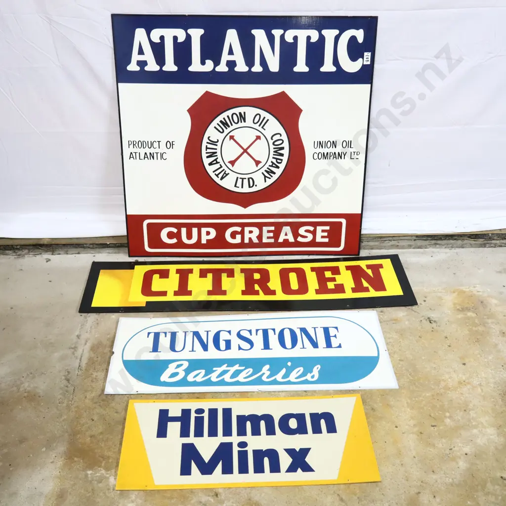 4 x Handpainted Signs by Ray Bovey. Atlantic Cup Grease, Citroen, Tungstone Batteries and Hillman Minx. Image 1++