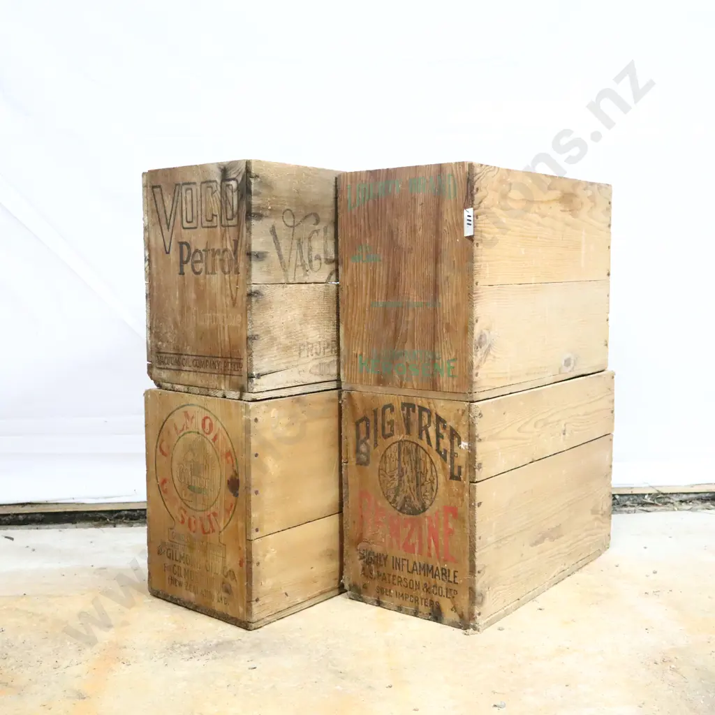 Collection of Petrol & Benzine Boxes.Vacuum Oil, Liberty Brand Kerosene, Big Tree Benzine and Gilmore Image 1++