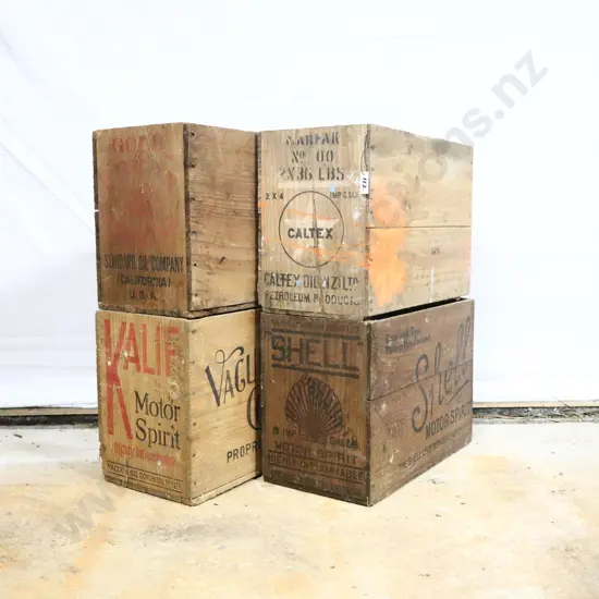 Collection of Vintage Petrol Boxes. Gold Crown, Caltex, Vacuum Oil and Shell.