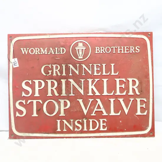 Wormald Brothers Grinnell Sprinkler Stop Valve Sign