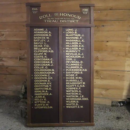 Tirau District WWI Roll of Honour Board 1914–1918