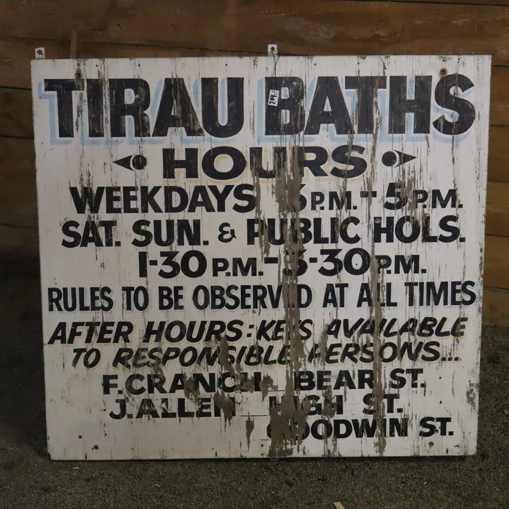 Vintage Tirau Baths Hours Sign Image 1++