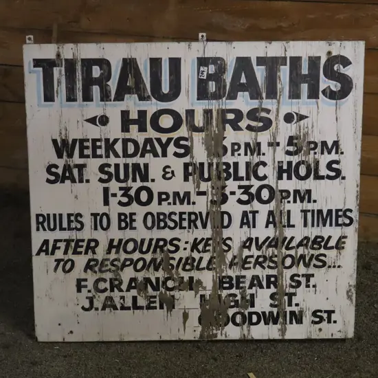Vintage Tirau Baths Hours Sign
