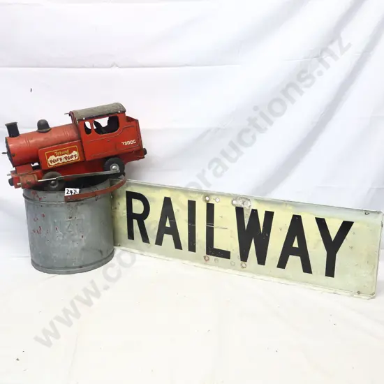 Railway Sign, Toy Train and NZR Bucket