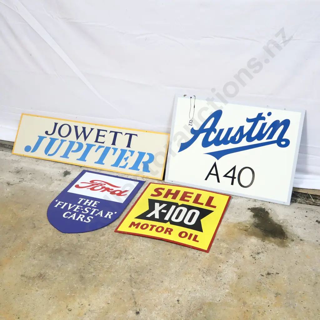 Ray Bovey Handpainted signs x 4. Jowett Jupiter, Austin A40, Ford and Shell X-100. Image 1++