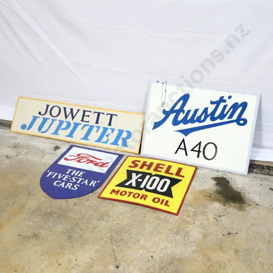 Ray Bovey Handpainted signs x 4. Jowett Jupiter, Austin A40, Ford and Shell X-100.
