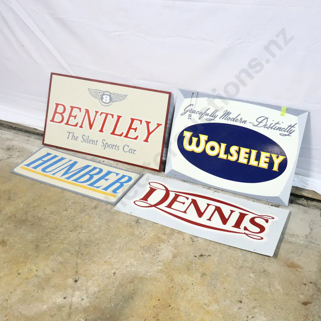 Ray Bovey Handpainted signs x 4. Bentley, Wolseley, Humber and Dennis. Image 1++