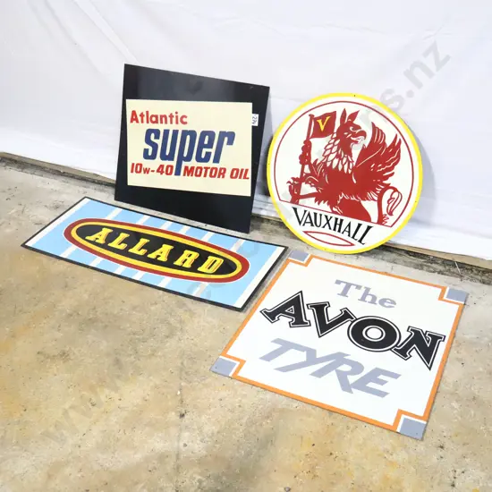 Ray Bovey Handpainted signs x 4. Atlantic Super, Vauxhall, Allard and Avon Tyre.