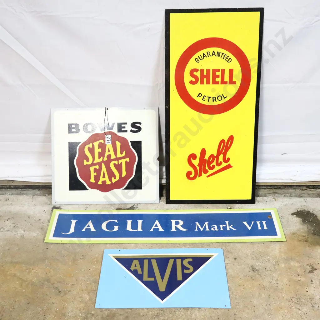 Ray Bovey Handpainted signs x 4. Shell, Jaguar, Alvis and Bowes Seal Fast. Image 1++