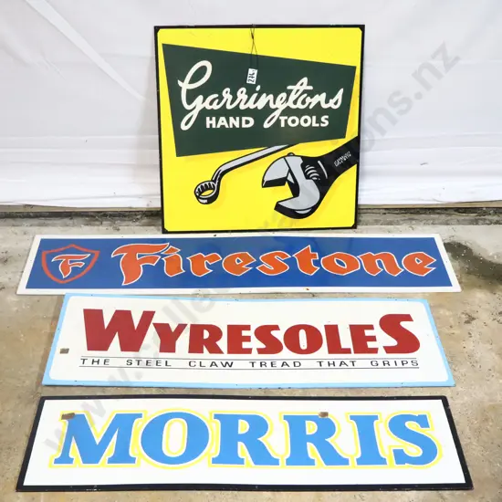 Ray Bovey Handpainted signs x 4. Garringtons, Firestone, Wyresoles and Morris.