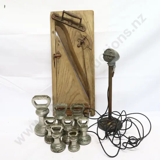 Assorted Collectables, Vintage Microphone, Meatslicer And Weights