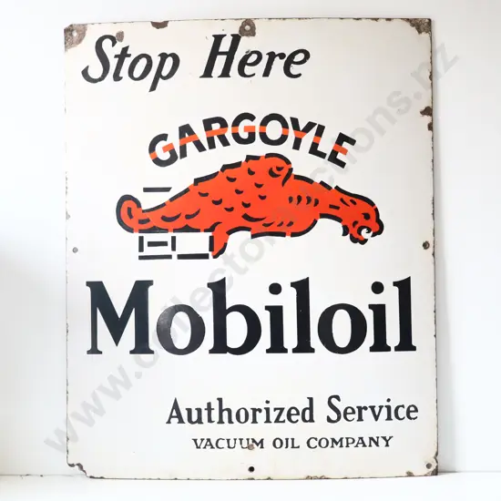 Stop Here Gargoyle Mobiloil Enamel Sign