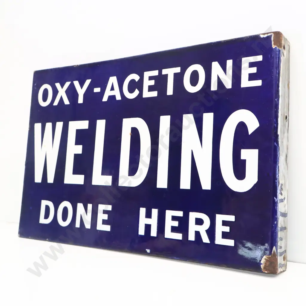 Oxy Acetone Welding Done Here Double Sided Flanged Enamel Sign Image 1++