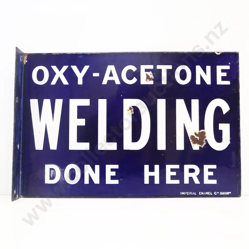 Oxy Acetone Welding Done Here Double Sided Flanged Enamel Sign Image 1++