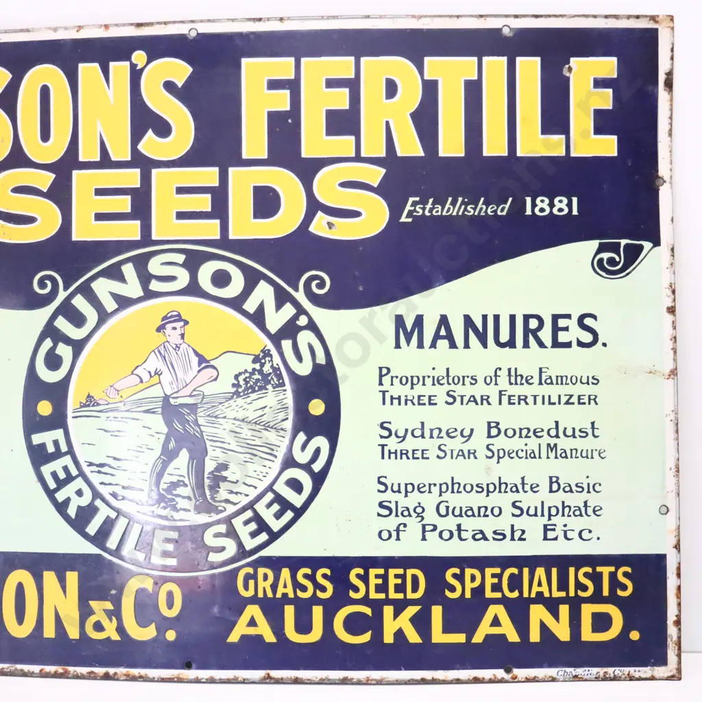 Gunson's Fertile Seeds Auckland Enamel Sign Image 1++