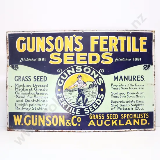Gunson's Fertile Seeds Auckland Enamel Sign