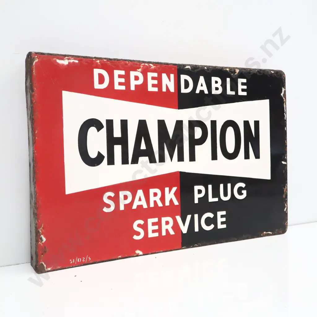 Dependable Champion Spark Plug Service Double Sided Flanged Enamel Sign Image 1++