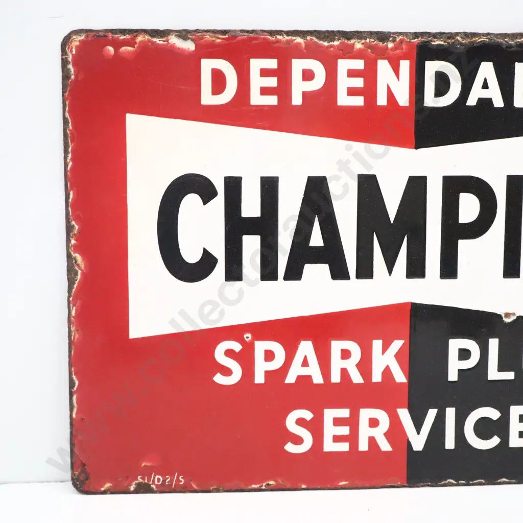 Dependable Champion Spark Plug Service Double Sided Flanged Enamel Sign Image 1++