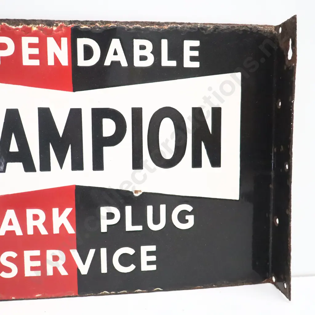 Dependable Champion Spark Plug Service Double Sided Flanged Enamel Sign Image 1++