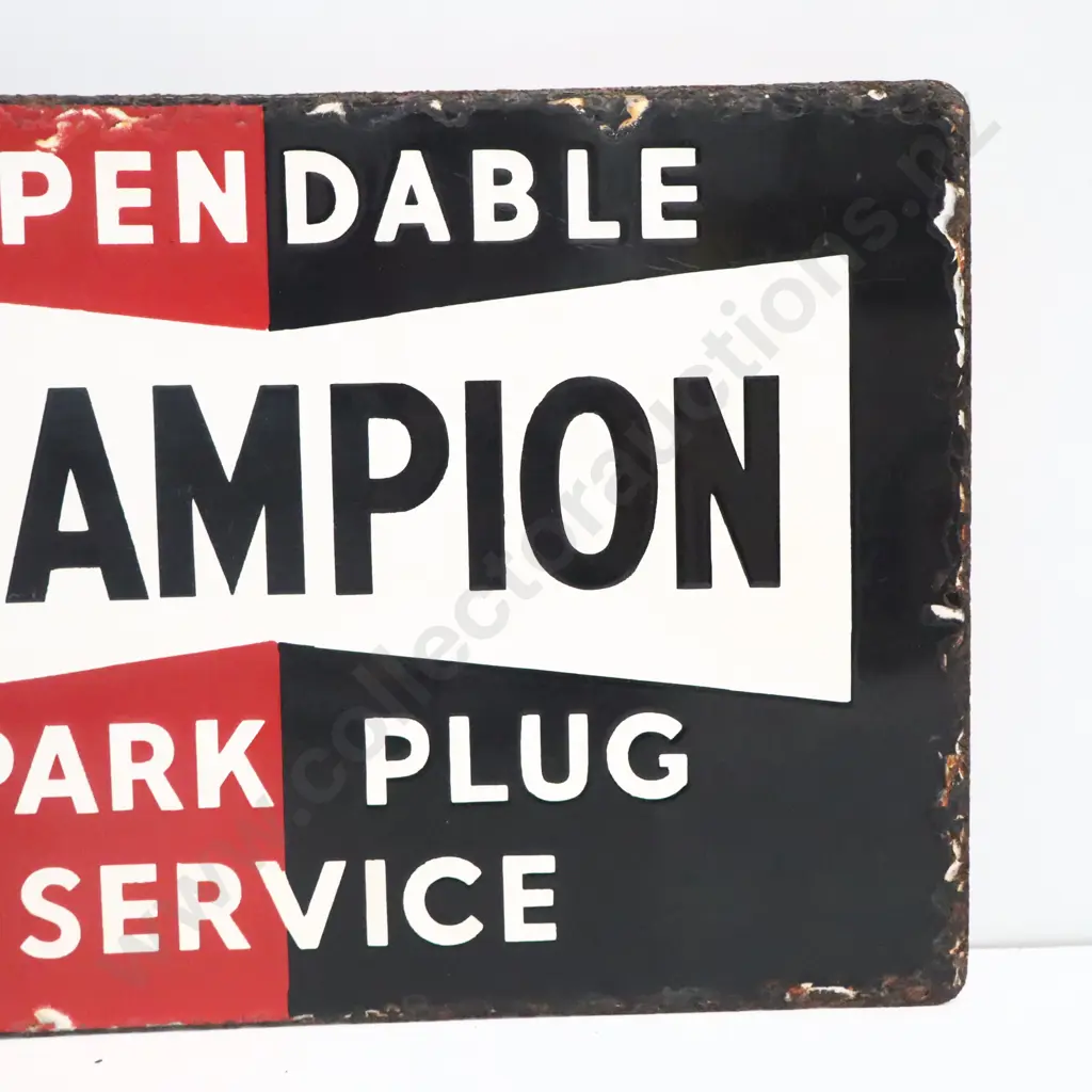 Dependable Champion Spark Plug Service Double Sided Flanged Enamel Sign Image 1++