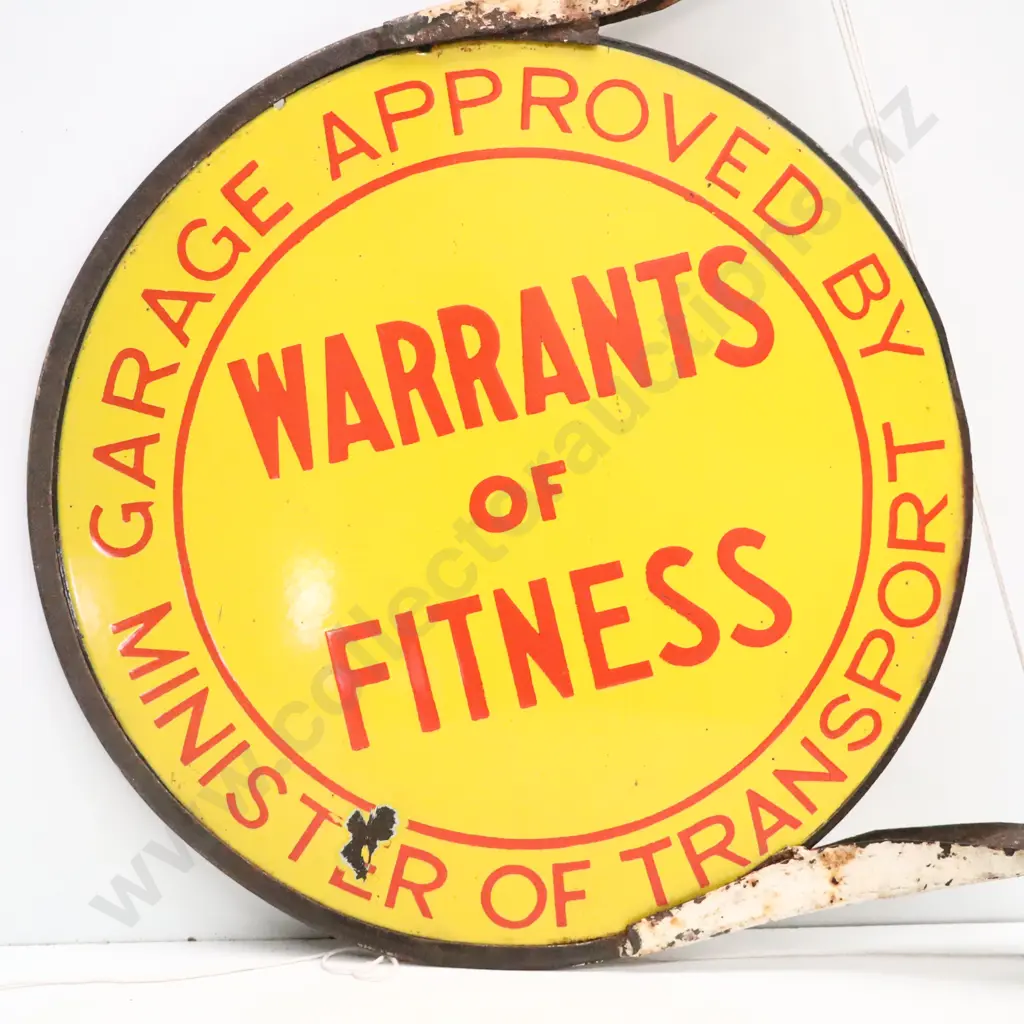 Warrant Of Fitness Double Sided Enamel Sign On Original Bracket Image 1++