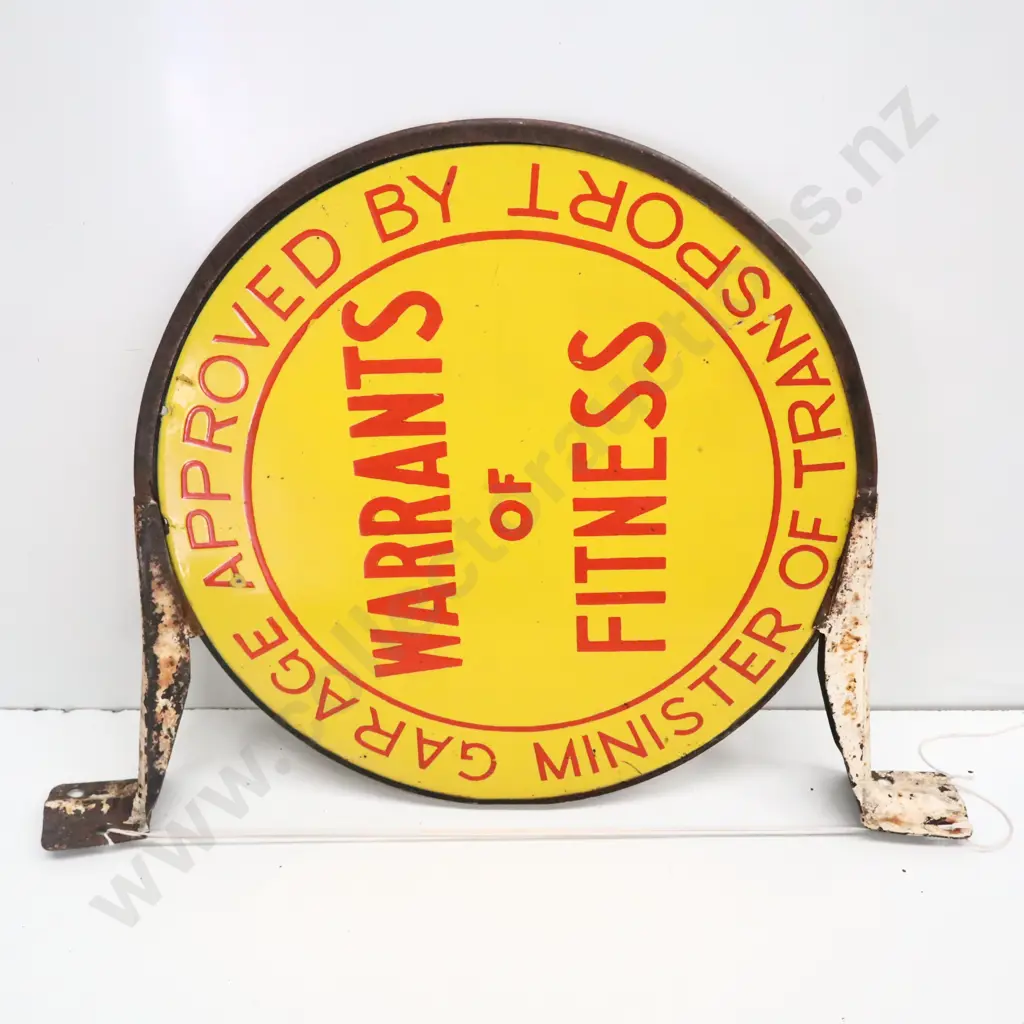 Warrant Of Fitness Double Sided Enamel Sign On Original Bracket Image 1++