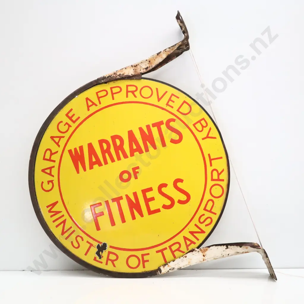 Warrant Of Fitness Double Sided Enamel Sign On Original Bracket Image 1++