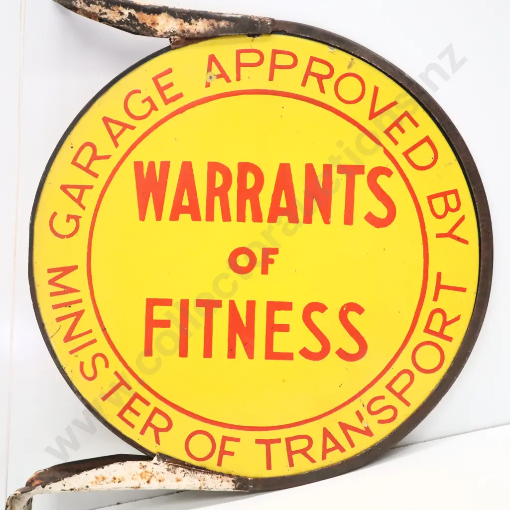 Warrant Of Fitness Double Sided Enamel Sign On Original Bracket Image 1++