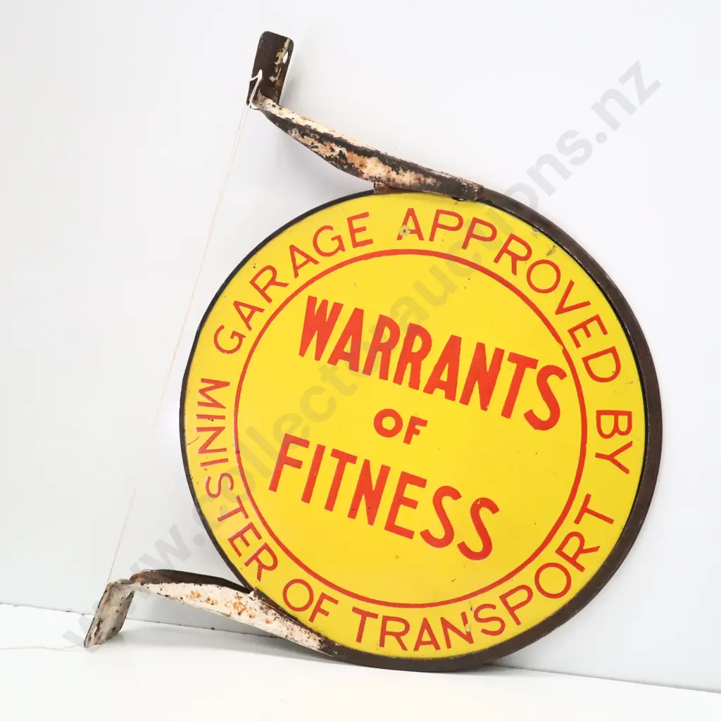 Warrant Of Fitness Double Sided Enamel Sign On Original Bracket Image 1++