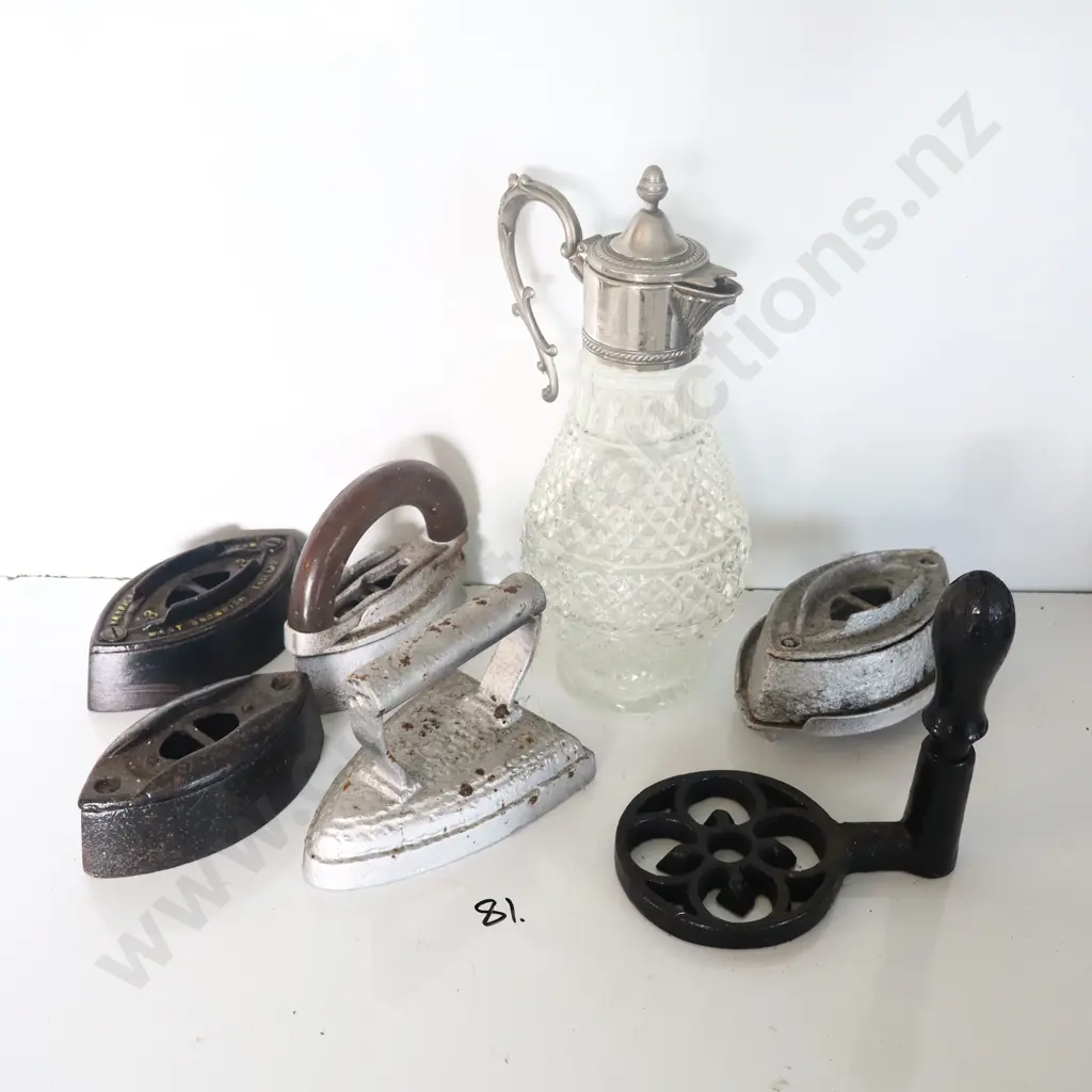 Antique Irons X 4, Iron Stand And Clarit Jug Image 1++