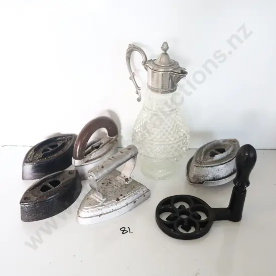 Antique Irons X 4, Iron Stand And Clarit Jug