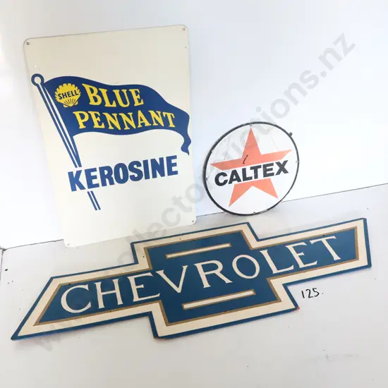 Shell Blue Pennent Kero Sign, Caltex Sign, Both Original And Handpainted Chevrolet Sign