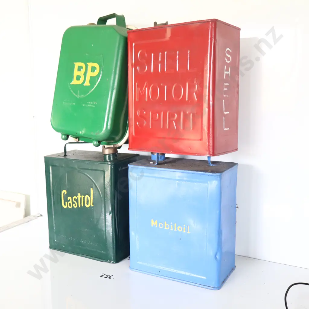 Embossed 2 Gallon Petrol Tins X 4, Shell, BP, Castrol And Mobil Oil Image 1++