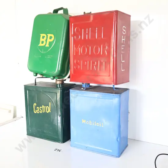 Embossed 2 Gallon Petrol Tins X 4, Shell, BP, Castrol And Mobil Oil